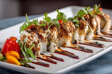 Aufkleber - Delicious sushi rolls presented on a white platter with fresh vegetables and sauces