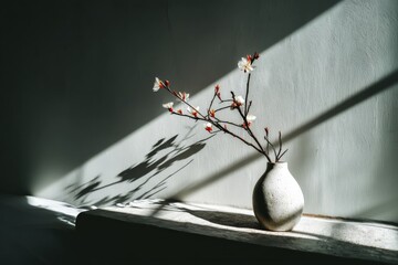Aufkleber - Beautiful branch with blossoms in a minimalist vase illuminated by natural light in a serene indoor setting