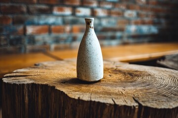 Poster - Ceramic sake bottle on rustic wooden table in a cozy setting during the evening