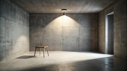 Poster - A single wooden table sits in a minimalist concrete room illuminated by a single overhead light source