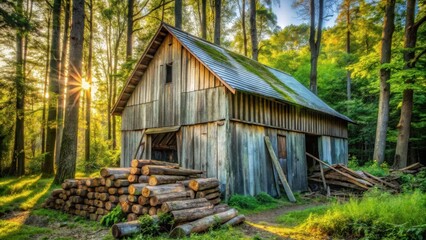 Poster - Rustic Wooden Barn Nestled Amongst Tall Trees at Sunrise, a Stack of Logs Resting Near the Weathered Structure, Sunlight Streaming Through the Forest Canopy