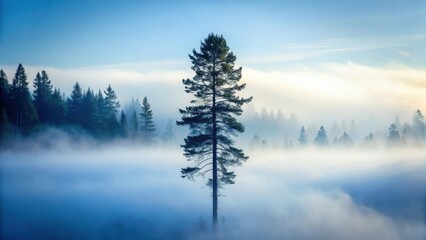 Poster - Serene Dawn A solitary conifer stands tall amidst a breathtaking sea of morning mist, its silhouette sharply defined against a soft, ethereal landscape of tranquil woodland.