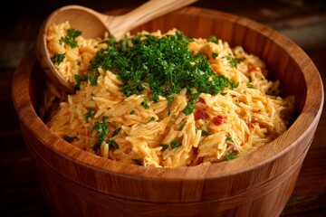 Poster - Flavorful rice dish topped with fresh herbs in a wooden bowl at a communal gathering