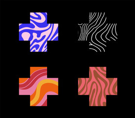 Fototapete - Vector illustration featuring cross shapes, each filled with different colorful and wavy abstract patterns in vibrant hues, against a black background. Perfect for modern, playful, creative design 