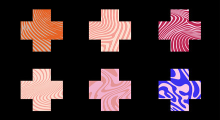 Fototapete - Vector illustration featuring cross shapes, each filled with different colorful and wavy abstract patterns in vibrant hues, against a black background. Perfect for modern, playful, creative design 