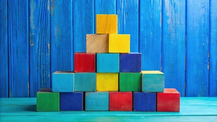 Aufkleber - Colorful Wooden Blocks Arranged in a Pyramid Shape Against a Blue Wooden Background
