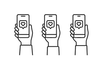 Poster - Vector icon of hands holding smartphones displaying heart symbols for social media engagement and connection