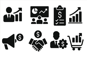 Poster - Business growth vector icons representing analytics, teamwork, finance, and negotiation in a professional setting