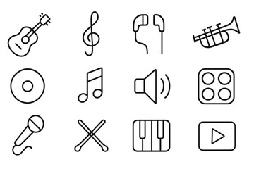 Poster - Vector icon set featuring musical instruments, symbols, and audio elements in a clean and minimalistic design