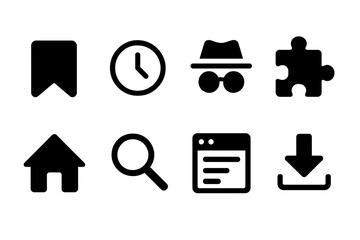 Fototapete - Vector icons representing various functions such as bookmarking, time tracking, search, and navigation for digital interfaces