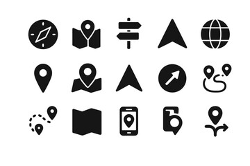 Fototapete - Collection of vector navigation icons including maps, compasses, and location markers for web and app design