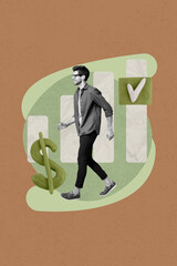 Poster - Poster collage of person stand on brown background with dollar sign graphs