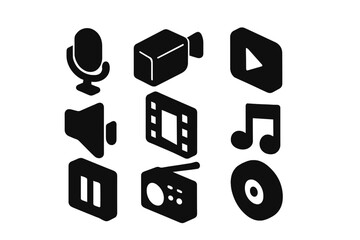 Fototapete - Vector icon set featuring audio, video, and music symbols on a simple background for digital design use