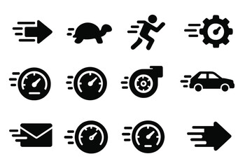 Poster - speed and motion vector icons illustrating various concepts of velocity and progress in black and wh