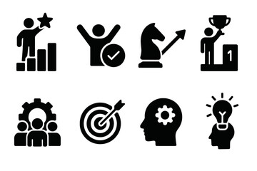 Poster - Icons representing achievement, teamwork, strategy, and innovation in a minimalist vector style for various applications