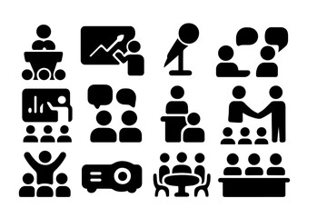 Poster - Icon set representing various business activities including presentations, meetings, and discussions in a collaborative setting