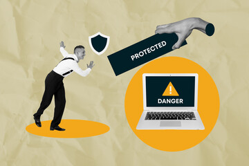 Aufkleber - Sketch full zine artwork collage of happy girl guy stand laptop device danger alert cyberattack antivirus protection trojan
