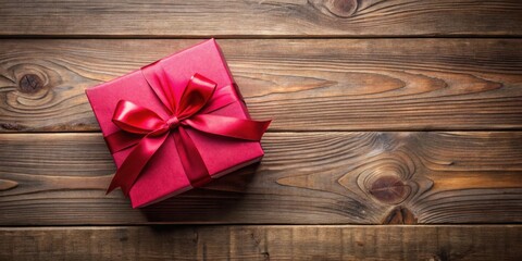 Poster - A Crimson Gift Box with a Lush Satin Ribbon, Elegantly Placed on a Rustic Wooden Surface
