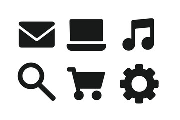 Poster - Vector icon set featuring communication, technology, music, search, shopping, and settings in a flat design style