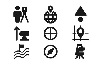 Poster - Vector icons representing surveying, mapping, navigation, and geographic activities in a modern design