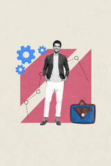 Poster - Image collage of person stand with 3d cog gear wheel handbag on pastel background