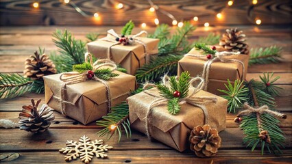 Poster - Rustic Wrapped Gifts Adorned with Evergreen and Pinecones on Wooden Surface, Illuminated by Festive Lights