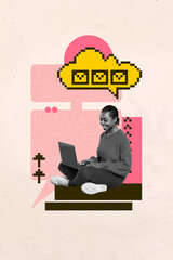 Fototapete - Poster surreal collage of person on pastel background with pixel textbox email