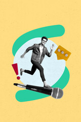 Poster - Trend collage of person stand microphone with textbox exclamation mark on yellow background