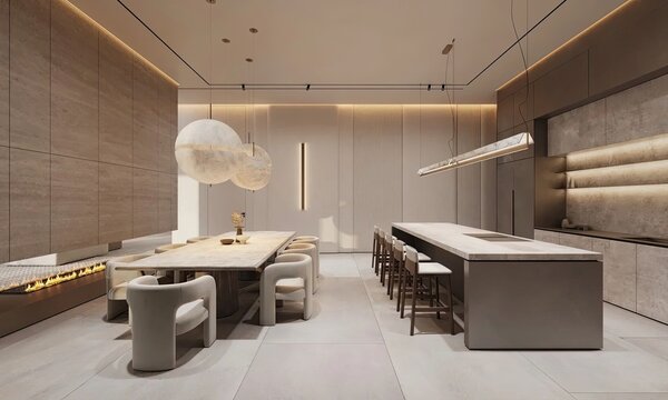 Wooden kitchen room with dining table and bar chairs, parquet floor. Kitchen open space room near living room area with bookshelf, wooden light furniture, 3D rendering no people