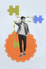 Aufkleber - Pop 3d zine vertical art collage of happy businessman businesswoman stand puzzle match element plan development career success