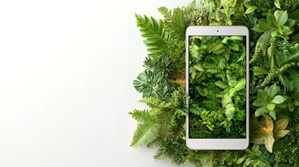Poster - Digital tablet displaying a vibrant green forest representing the role of technology in environmental conservation and sustainability on a clean minimalist white background