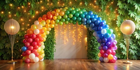 Poster - Festive Rainbow Balloon Archway with Lush Greenery and Warm Lighting for a Special Occasion