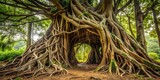 Ancient tree with gnarled roots and banana leaves tangled around it, forming a natural shelter, vegetation