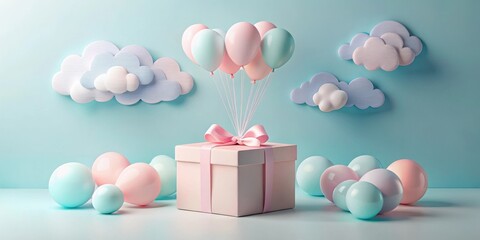 Aufkleber - Pastel Balloons Delivering a Gift Box on a Cloud-Filled Sky
