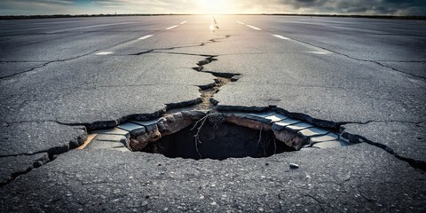 Poster - A Vast Asphalt Crack Reveals a Deep Chasm on a Sunlit Road