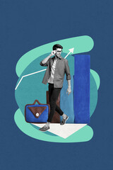 Poster - Picture collage of person stand on blue color background with plasticine charts bag