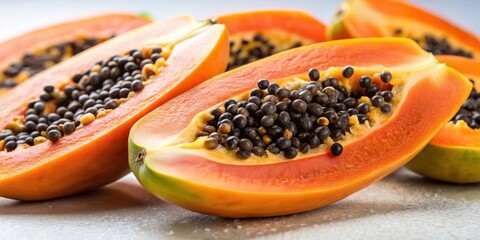 Poster - A vibrant close-up showcasing the juicy, orange flesh of ripe papaya halves, revealing a profusion of dark seeds nestled within the sweet fruit