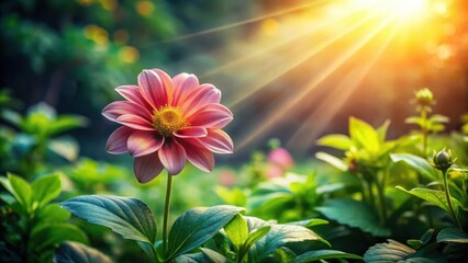 Aufkleber - A single pink blossom basks in the warm glow of the setting sun, its petals unfurling in radiant beauty amidst a vibrant garden of lush green foliage.