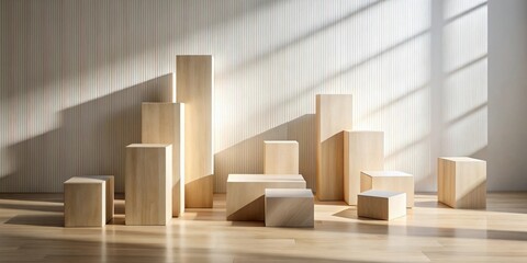 Poster - Sunlit Wooden Cubes Arranged on Light Wood Floor Against Vertical Panel Wall