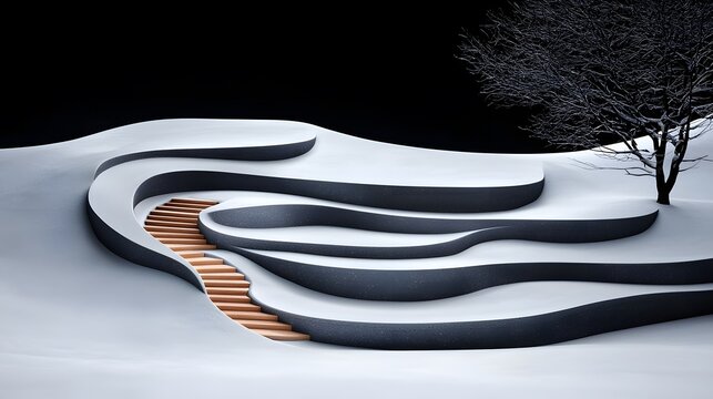 Abstract Snowy Landscape with Wooden Steps and Tree