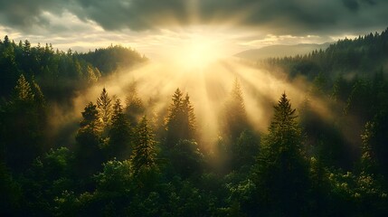 Poster - Breathtaking Landscape Photography of Sunset Light Cascading Through Towering Redwood Trees Painting the Forest in a Mesmerizing Golden Hue with Copy Space Included