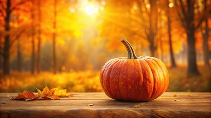 Poster - Autumnal Still Life A Vibrant Pumpkin Rests on a Rustic Wooden Surface, Basking in the Warm Glow of a Sunlit Autumn Forest