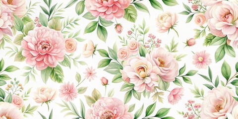  Soft pink floral pattern with delicate petals and greenery on a white background