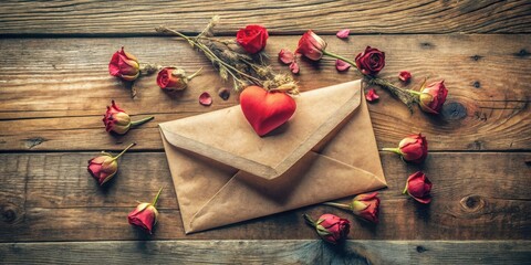 Aufkleber - A heartfelt message awaits, nestled within a rustic envelope adorned with a crimson heart and surrounded by the delicate beauty of faded roses, their petals scattered upon weathered wood.