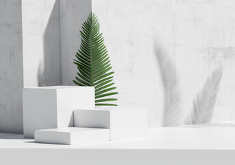 Fototapete - Product display podium with green palm leaves on white background. 3D rendering