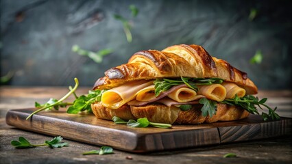 Poster - A delectable croissant sandwich, layered with savory slices of cheese and ham, garnished with fresh arugula, rests on a rustic wooden board.