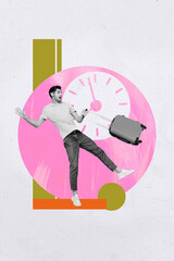 Aufkleber - Vertical art creative zine photo collage of happy girl guy business workaholic stand chart development arrow time clock deadline
