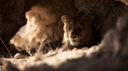 Wall Mural - Majestic leo roost in a shaded african burrow.