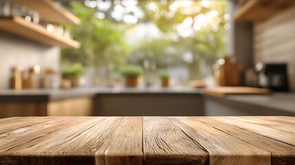 Poster - Unoccupied wooden table with blurred kitchen bench backdrop