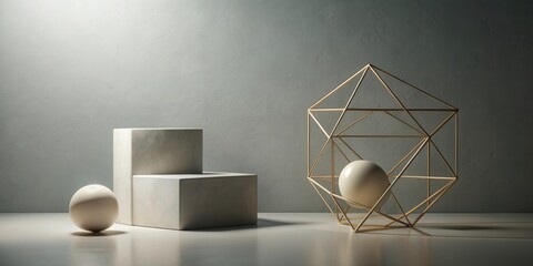 Poster - Abstract Geometric Still Life Featuring Cubes and Spheres within a Wireframe Structure
